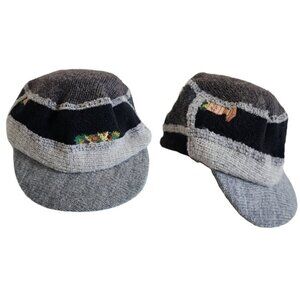 XOB Knit 100% Recycled Wool Embroidered Floral Abstract Black/Gray Cap Hat